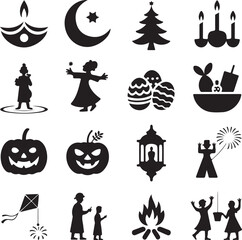 Holiday and Celebration Icons Set Festive Symbols diya lamp