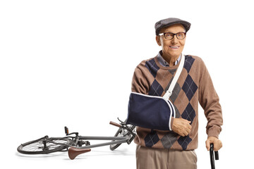 Elderly man with a broken arm recovering after a bicycle accident