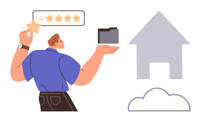 Man placing 5-star review, holding black folder. Nearby a gray house and cloud icon highlight feedback, storage, and real estate themes. Ideal for rating, technology, real estate, feedback success