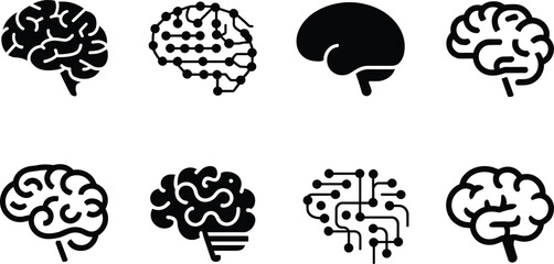Set of eight black brain icons, including realistic and abstract circuit-style brains, on a white background.