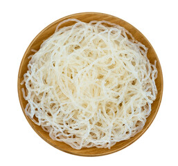 flat lay Korean glass noodle vermicelli for Japchae food cutout in wood bowl