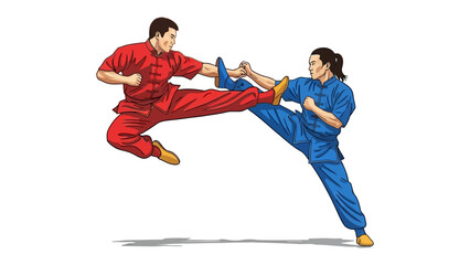 Martial Arts Duel: Two disciplined martial artists in vibrant attire engage in a dynamic combat demonstration, each poised in a moment of powerful movement and balance.