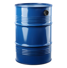 front view of a blue metal barrel isolated on a transparent background representing industrial storage and transport container commonly used for oil fuel chemical or liquid supply in global trade