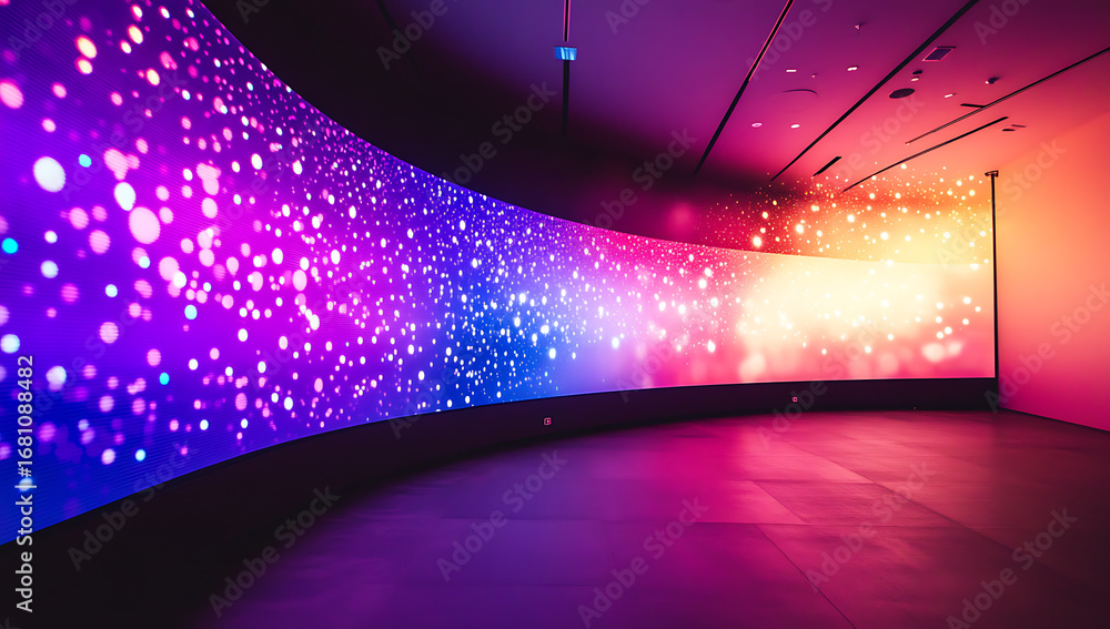 Poster large curved led screen displaying a dynamic colorful light show in an empty modern space with dark 