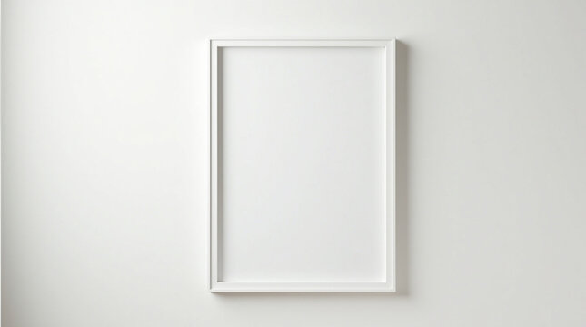 Blank white frame mockup hanging on white wall, isolated on white background, perfect for showcasing your artwork, prints or photos, creating a clean and modern aesthetic for your designs