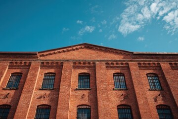 Obraz premium Red brick industrial structure either a warehouse or inn against a blue sky