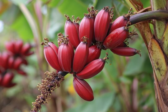 Red banana Musa acuminata with nearly ripe clusters of fruit