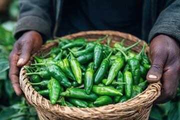 Recently harvested green chilies from the farm