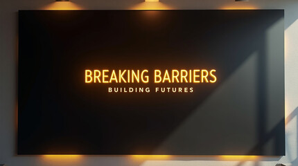 Illuminated sign displaying the motivational message breaking barriers, building futures in a modern office setting, symbolizing progress and innovation in a corporate environment