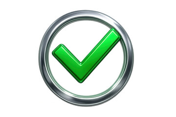 Green checkmark enclosed by gleaming metallic ring, signaling successful validation against transparent backdrop