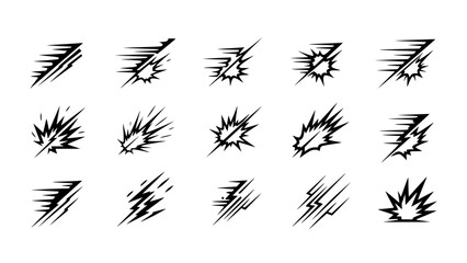 Assortment of black comic book explosion and speed effect icons