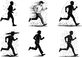 Silhouette and sketch style illustrations of people running in the rain, showcasing movement, urgency, and weather conditions.