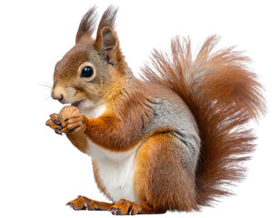 Obraz premium Adorable Red Squirrel Sitting Upright with Nut, Isolated PNG