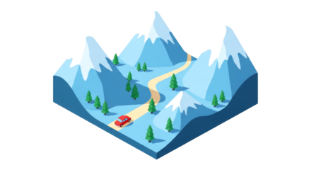 snowy mountain road trip isometric winter wonderland adventure, isolated on transparent background
