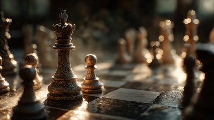 Intricate chess game in soft light showcases a strategical battle on a beautifully crafted board