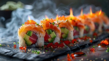 Delicious Sushi Rolls with Salmon Avocado Tuna and Fiery Accents