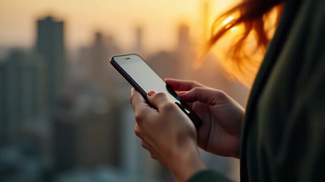 Female hands using smartphone against a blurred cityscape in the setting sun