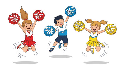 Joyful Cheerleaders in Flight: Three vibrant cheerleaders leap with uncontainable enthusiasm, pom-poms held high, embodying the essence of youthful exuberance, team spirit, and spirited fun.