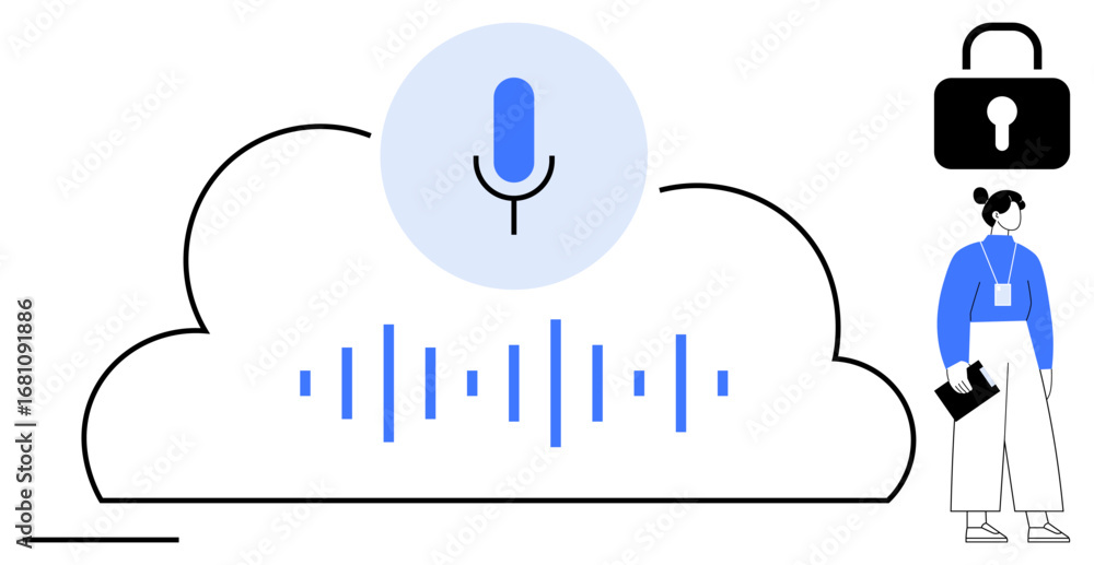 Aufkleber cloud with microphone and sound waves symbolizes voice technology. lock and human emphasize secure d