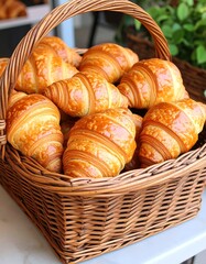 Freshly baked croissants in a wicker basket