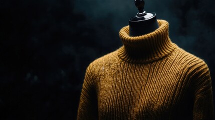 Close-up of a mustard yellow turtleneck sweater on a mannequin.