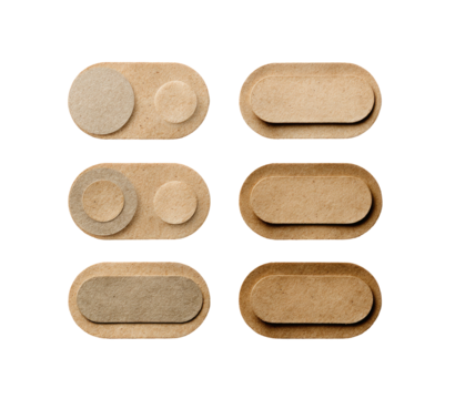 Six light beige, cardboard-textured, oval buttons;  two are on/off style, four are simple oval shapes