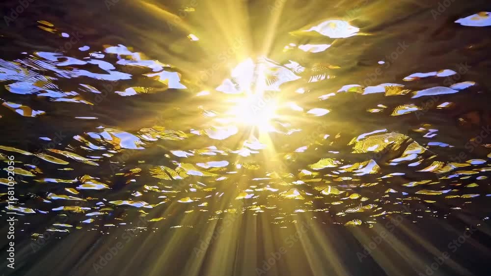 Poster underwater video capturing sunlight filtering through rippling water surface, creating a mesmerizing