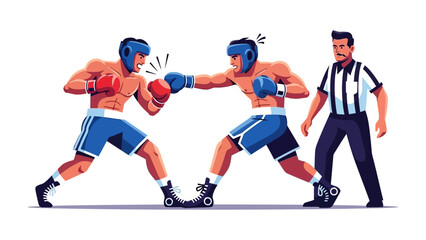 Naklejka premium Boxing Match: A dynamic illustration of two boxers engaged in a fierce match, showcasing the intensity of the sport and the skill of the athletes, with referee overseeing the bout.