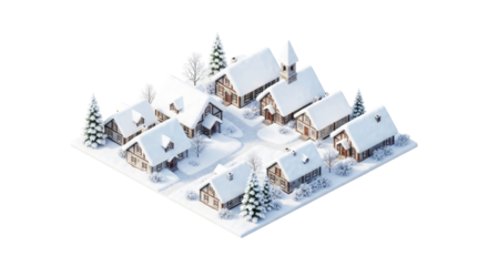 snowy village isometric a charming winter scene of cozy cottages and church, isolated on transparent background
