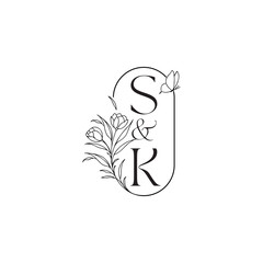 caligraphic style monogram luxury minimalist logo design SK wedding initial concept alphabet letter