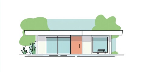 Minimalist Line - Style Modern Building with Green Plants: Element for Residential and Landscape Design