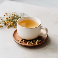  Ceramic Cup Filled With Light Golden Herbal Tea, Placed Neatly On A Polished Wooden Saucer With A Few Dried Chamomile Flowers Scattered Around. The Setup
