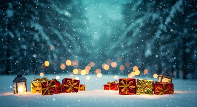 &Aacute;rboles de Navidad iluminados con guirnaldas rojas y doradas en un bosque con hojuelas nevadas con forma de estrellas cercanas a regalos de Navidad en cajas rojas, ilustraci&oacute;n generativa de IA