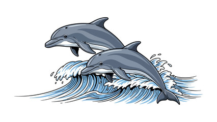 Playful Dolphins: A pair of dolphins leap and frolic above a cresting wave. Their streamlined forms and playful interaction invite a sense of wonder and delight.