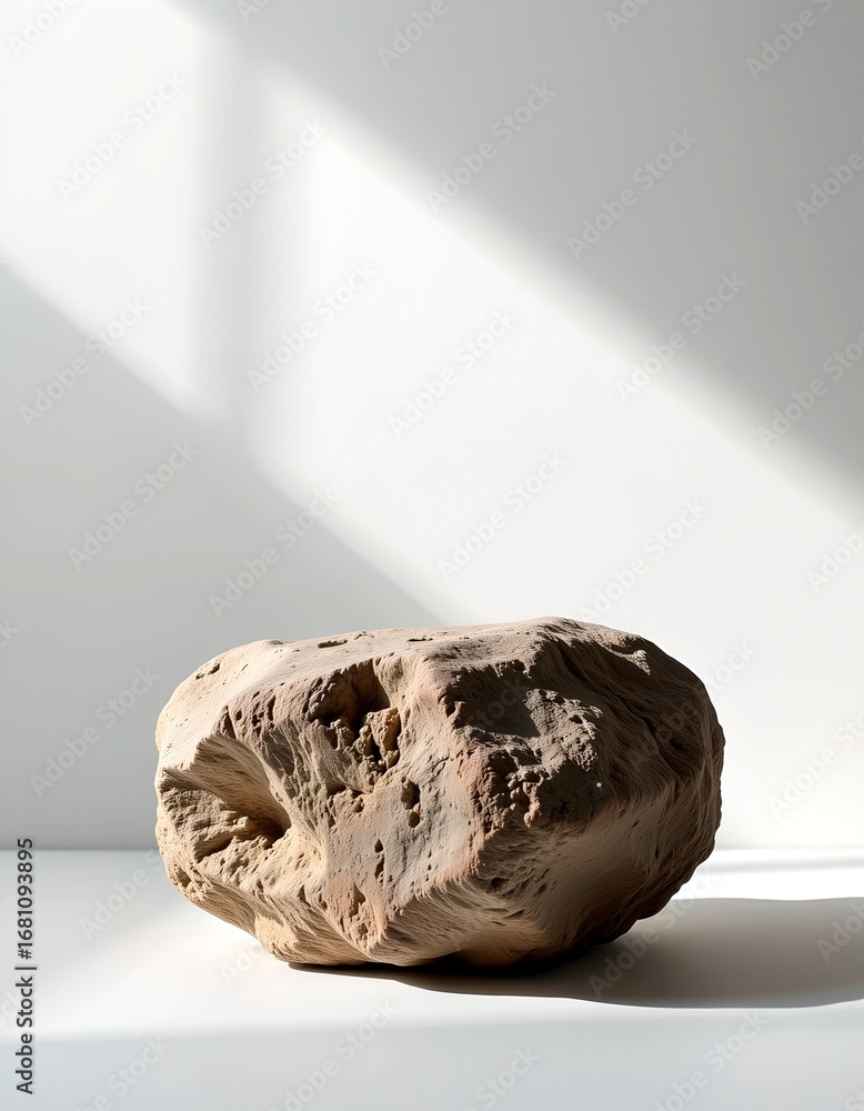 Poster a close-up shot of a uniquely textured rock with rough surface in the light. it is a great shot to u