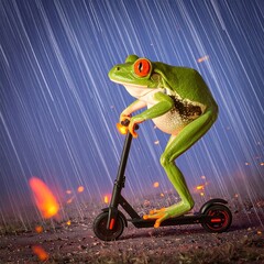 Frog riding an electric scooter in the rain
