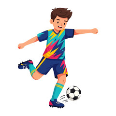 Young Athlete Kicking Soccer Ball: A dynamic cartoon captures a young athlete in full action, kicking a soccer ball. The image embodies motion, excitement, and the thrill of sportsmanship. 