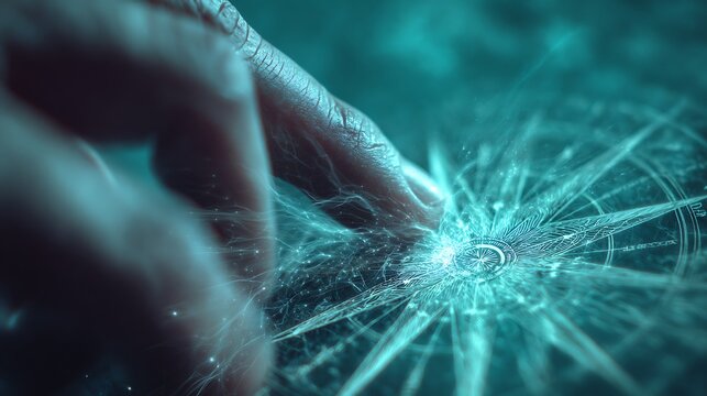 A hand touching a glowing compass rose with blue light and intricate details in a blurred background