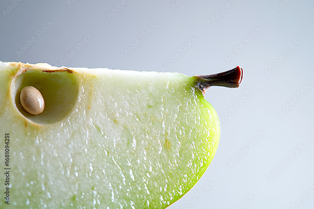 Poster close up of a slice of green apple with a seed inside, next to the stem on a plain background.