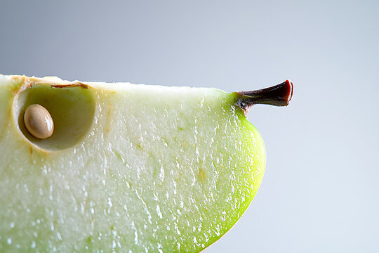 Close up of a slice of green apple with a seed inside, next to the stem on a plain background.