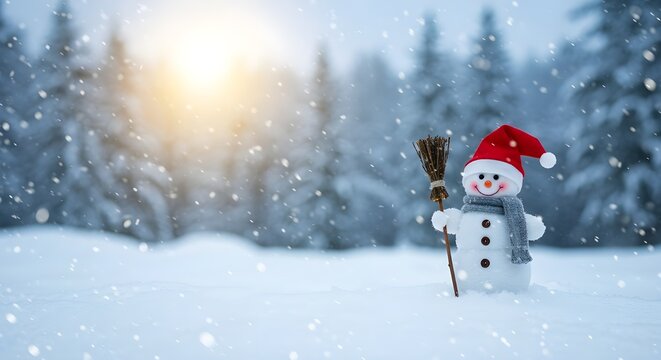 Feliz Navidad y Julito Tarjeta de felicitación de Año Nuevo con Copy-Space. Hombre de nieve Happy en paisaje navideño. - Powered by Adobe