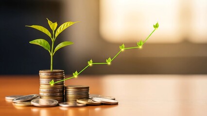 Stacks of coins with growing plant and green arrow—symbolizing investment growth and financial success.