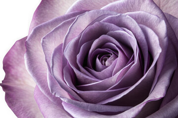 Close-up macro view of a delicate lavender rose with soft petal folds and subtle color gradients transparent background