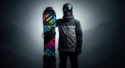 Snowboarder stands in striking black jacket and helmet, holding colorful snowboard against dramatic mountain backdrop during early morning light