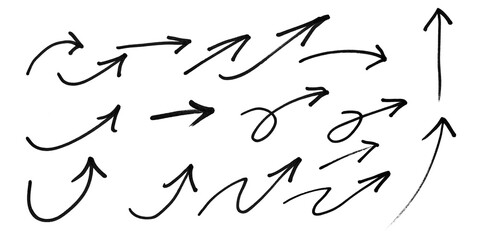 set of hand drawn arrows,hand draw of grunge black arrow marker isolated transparent png background,Design template or mockup,hand drawn vector illustration of a brush