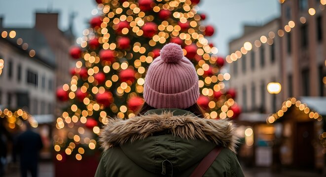 Chica con parka verde y gorro rosa parado frente a un &aacute;rbol de Navidad