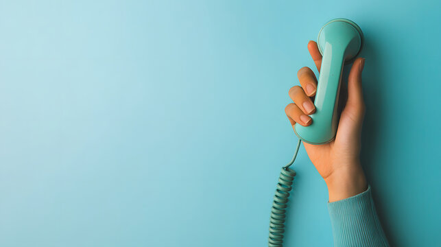 A hand holds a vintage rotary telephone receiver on a blue background. Nostalgic communication concept.