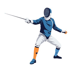 Fototapeta premium The Fencer's Precision: A poised fencer, masked and focused, in a dynamic stance, brandishing a foil. The vibrant design captures the focus of the individual involved in the sport.
