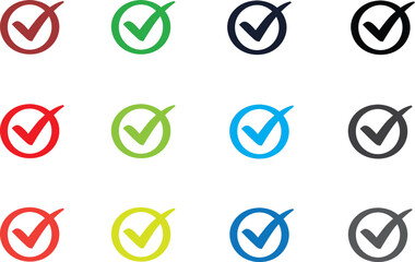 Set of 12 tick check mark icons in 4 columns, each column shows different shades of red, green, blue, and black colours. © Muhammad