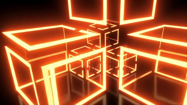 Abstract Neon Cubes:  Interlocking Geometric Shapes in Dark Space